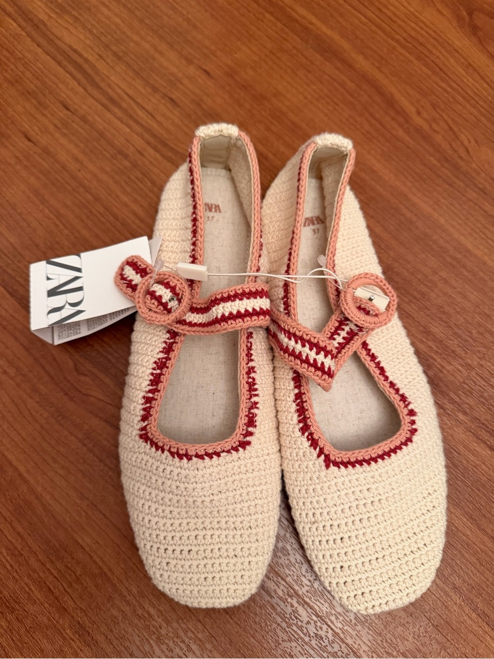 ZARA Cream Crochet Mary Jane Flats with Red Trim and Button Strap